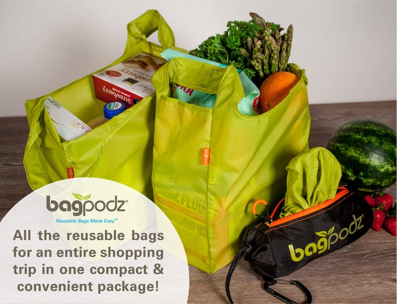 BagPodz Sturdy Reusable Grocery Bags Foldable and Washable - Made From RipStop Nylon Hold 50lbs - Designed in USA Reusable Shopping Bags Inside a Compact Pod with Carry Clip - 10 Pack in Green - Image 2